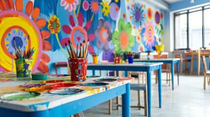 Community center art space, children enjoy painting classes, walls with vibrant murals, tables hold paints and brushes.