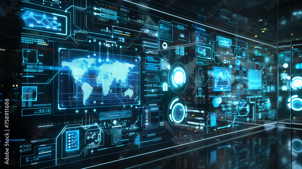 Fototapete a futuristic digital interface displaying various virtual icons and graphics, representing the power