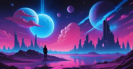 A person standing on a futuristic platform looking at a vibrant alien sky with pink and blue hues, featuring a large beam of light, planets, and meteorites - obrazy, fototapety, plakaty