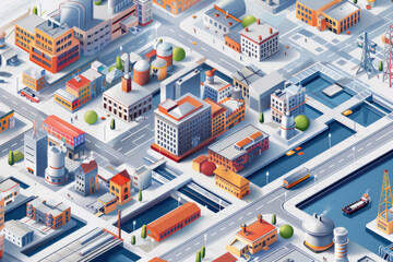 Modern isometric or 3d location map with colorful living and industrial buildings city landmarks streets and place for text or description. 
