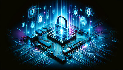 Closed Padlock on digital microcircuits background, blue abstract light. Cyber security concept
