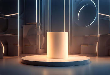 Realistic 3D white cylinder pedestal podium with glowing layers neon circle backdrop. Vector abstract studio room with geometric platform.