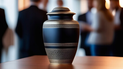 A metal urn with ashes of a dead person on a funeral, with people mourning in the background on a memorial service. Sad grieving moment at the end of a life. Last farewell to a person in an urn