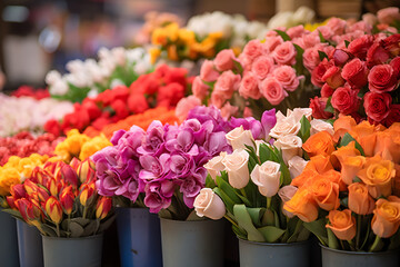 Colorful Floral Diversity: A Fresh and Vibrant Collection of Blooming Flowers at a Local Market - obrazy, fototapety, plakaty