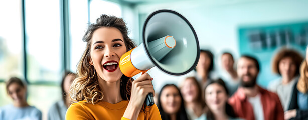 Advertising and sales. Woman with a megaphone in an office.  - obrazy, fototapety, plakaty