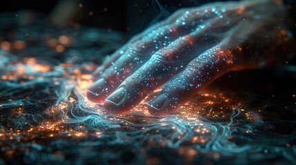 Beautiful blue cosmic beauty, hands and light lines graphics that surround the hands.