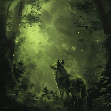 A loyal dog standing guard in a mystical dark green forest