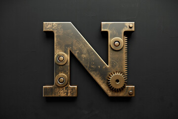 Metallic 3D steampunk alphabet, initial letter N with gears and metal texture isolated on black background. mechanical clockwork abc, beautiful unique font design for poster, banner, movie etc.  