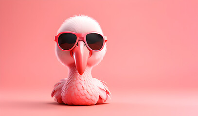 Adorable flamingo wearing glasses against pastel pink background with copy space. Concept for summer and vacation.