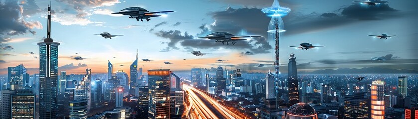 Futuristic urban skyline with AI-controlled