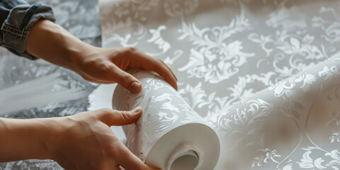 Close-up of a roll of wallpaper on a plain surface with copy space. Wallpapering  walls of the room. Flisiline, paper and vinyl wallpaper.