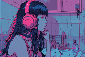 A girl in Japanese anime style wearing large headphones listens to music in the bathroom. wide plan of the entire room.