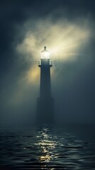 Solitary lighthouse beam cutting through the fog - obrazy, fototapety, plakaty