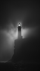 Solitary lighthouse beam cutting through the fog