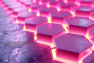 Geometric pink texture of hexagons-honeycombs with neon glow.