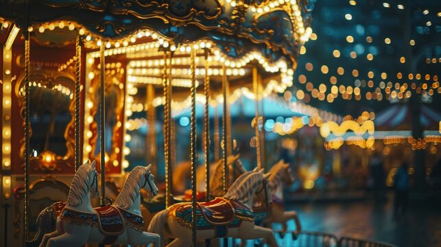 Vintage carousel at night lights twinkling