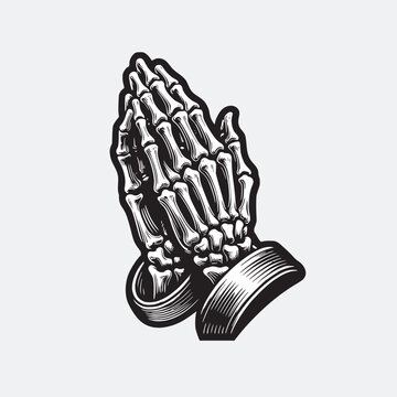 statue skeleton hand sign praying for sins graphic t-shirt design vector illustration