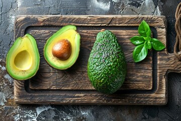 Perfect green avocado on a wooden cutting board background, top view.
