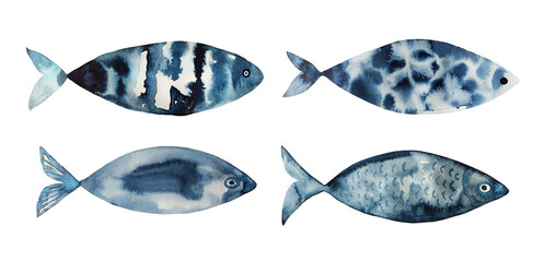 Watercolor set of the hand drawn blue fishes isolated on white background - obrazy, fototapety, plakaty