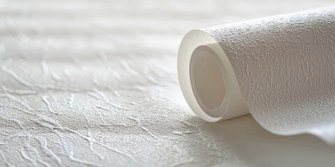 Close-up of a roll of white wallpaper on a plain surface with copy space. Wallpapering  walls of the room. Flisiline, paper and vinyl wallpaper.