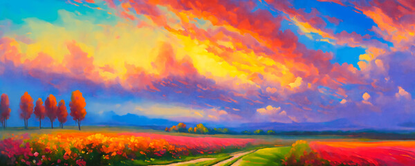 Serene sunset over a countryside landscape with a remote road and a field of flowers. In watercolor painting style. Panoramic artwork. Colorful scenery.