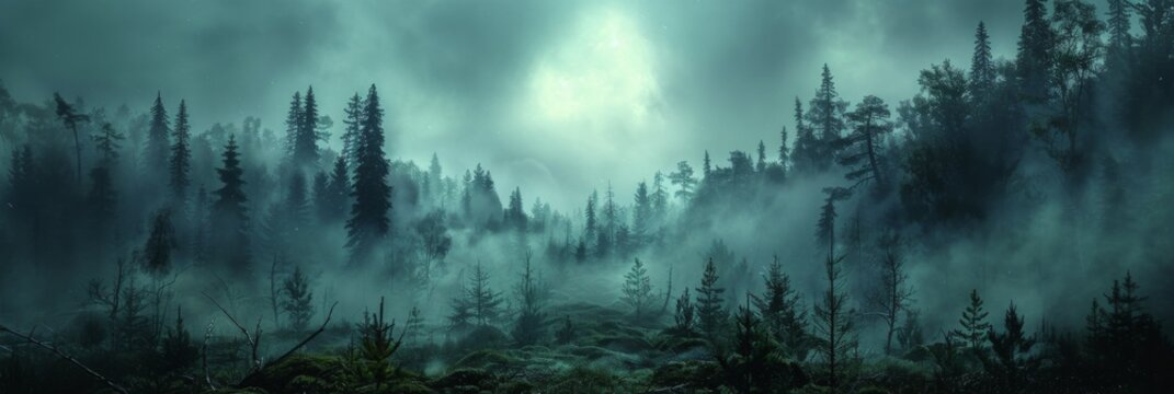 Fototapeta The edge of an eerily dark forest with creeping fog and wild boars.