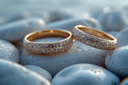 Two wedding rings lie on perfect white pebbles, in shades of white. everything is in focus ultra wide shot. go-about shot