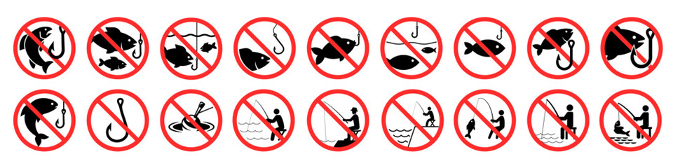 No fishing sign. Fishing ban sign set.
