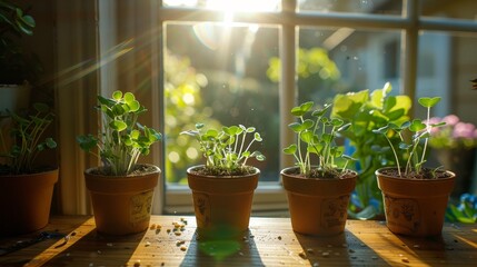 Craft a visually captivating scene where seeds thrive on a windowsill