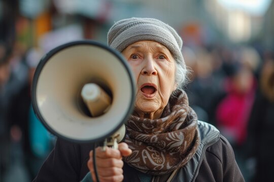 Elderly old woman stands with a loudspeaker in her hands and says something loudly to the street crowd at a rally. Concept of women's freedom of speech, women's rights