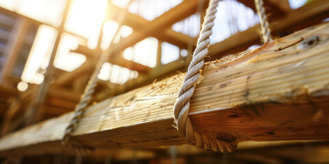 Suspended Slab Panel at Construction Site. Wooden slab bark panel lifted by ropes scaffolding. Construction of a wooden house. - obrazy, fototapety, plakaty