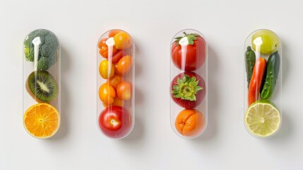 Colorful Assortment of Fruits and Vegetables Encapsulated in Transparent Pills on a White Surface