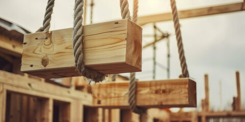 Suspended Slab Panel at Construction Site. Wooden slab bark panel lifted by ropes scaffolding. Construction of a wooden house, copy space. - obrazy, fototapety, plakaty