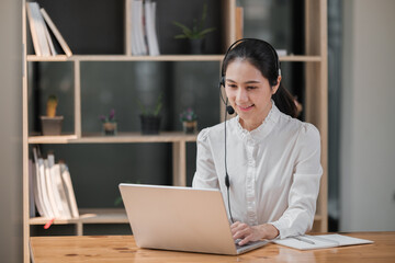 Happy call center woman consulting customer for customer support, help or telemarketing sales. Sales advisor, CRM girl with smile for success customer service, contact us hotline or insurance deal