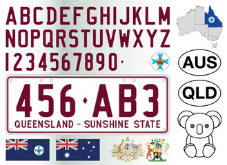 Queensland car license plate pattern, letters, numbers and symbols, vector illustration, Australia