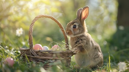 Easter colored eggs in basket and cute rabbit on green field. Generative AI