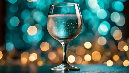 Close-up of wine glass with water. Water drops. Refreshing drink. Blue tones. - Powered by Adobe