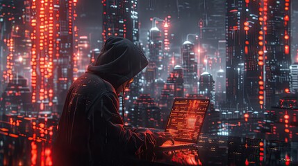Anonymous hacker sillhouette with hoodie in front of laptop stealling data on red digital hologram. Concept of cybercrime, cyberattack and dark website. Generative AI. - obrazy, fototapety, plakaty