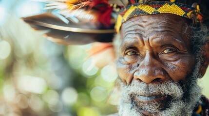 Close up eldery Papua man wearing traditional head accessories with beard, looking at camera with pride. Indonesia culture concept. Generative AI