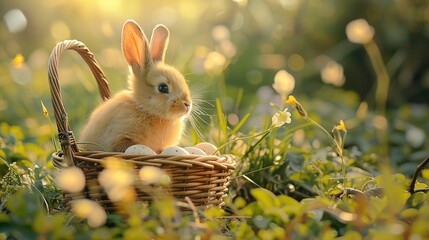 Easter colored eggs in basket and cute rabbit on green field. Generative AI