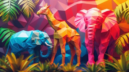 Abstract low poly backdrop presents geometric animals in colorful ecosystem