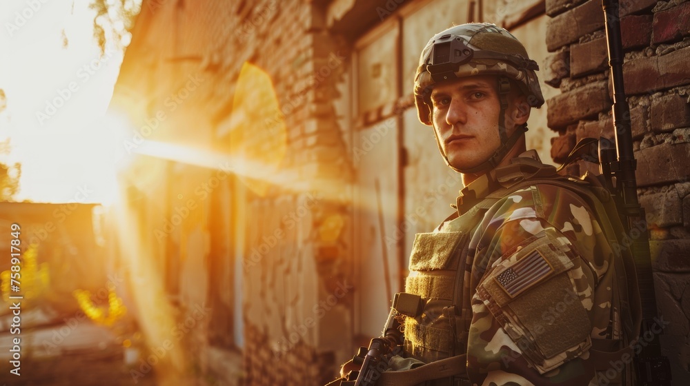 Poster a man in a military uniform stands in front of a brick wall. the sun is shining brightly, casting a 
