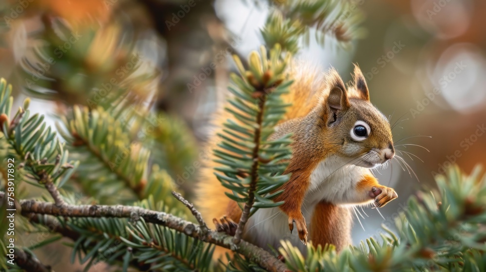Poster a squirrel is sitting on a tree branch. the tree is full of green leaves and pine needles