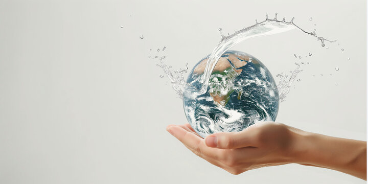 A splashing of water with earth on a human hand is isolated on a white background. Save Water concept of water day. 
