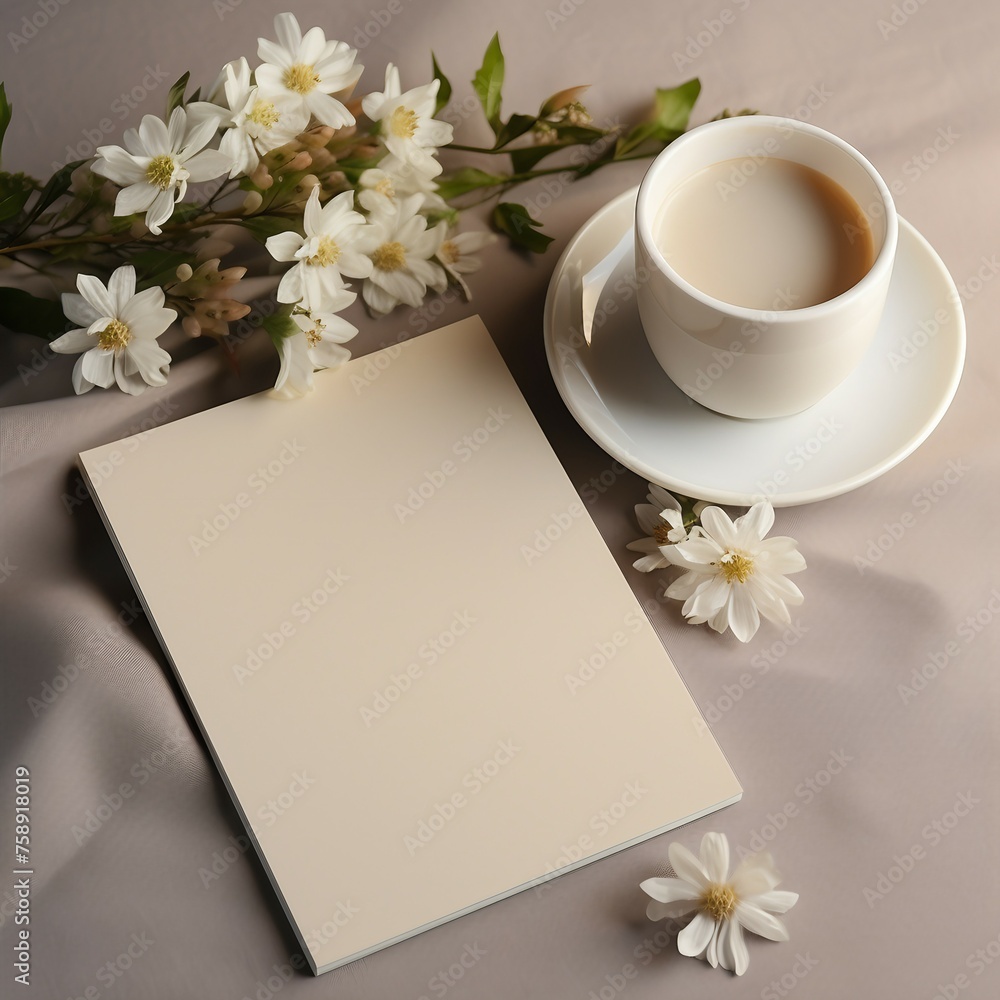 Wall mural Invitation card,  cup of coffee and notebook