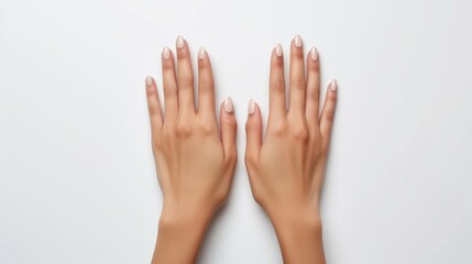 Two hands with nails painted in a light pink color