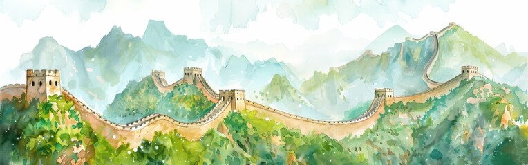 A painting of the Great Wall of China with mountains in the background. The painting is in watercolor and has a serene and peaceful mood