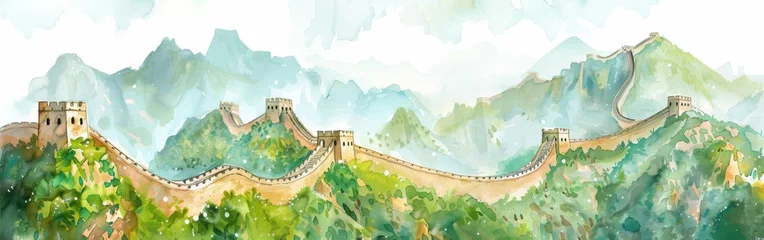 Papier Peint photo Pékin A painting of the Great Wall of China with mountains in the background. The painting is in watercolor and has a serene and peaceful mood