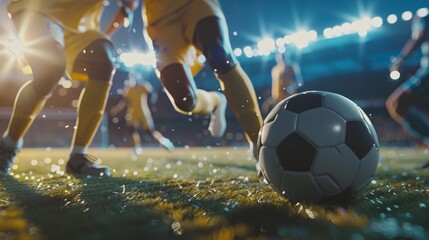 A close-up of the soccer ball being kicked by a player's foot and other players blurred in the background of the soccer field
