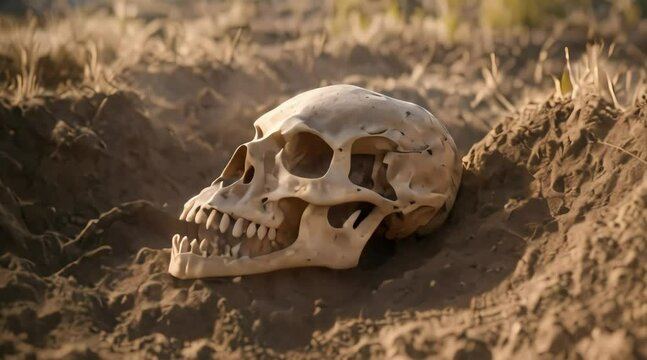 ancient dinosaur fossil skull on the ground